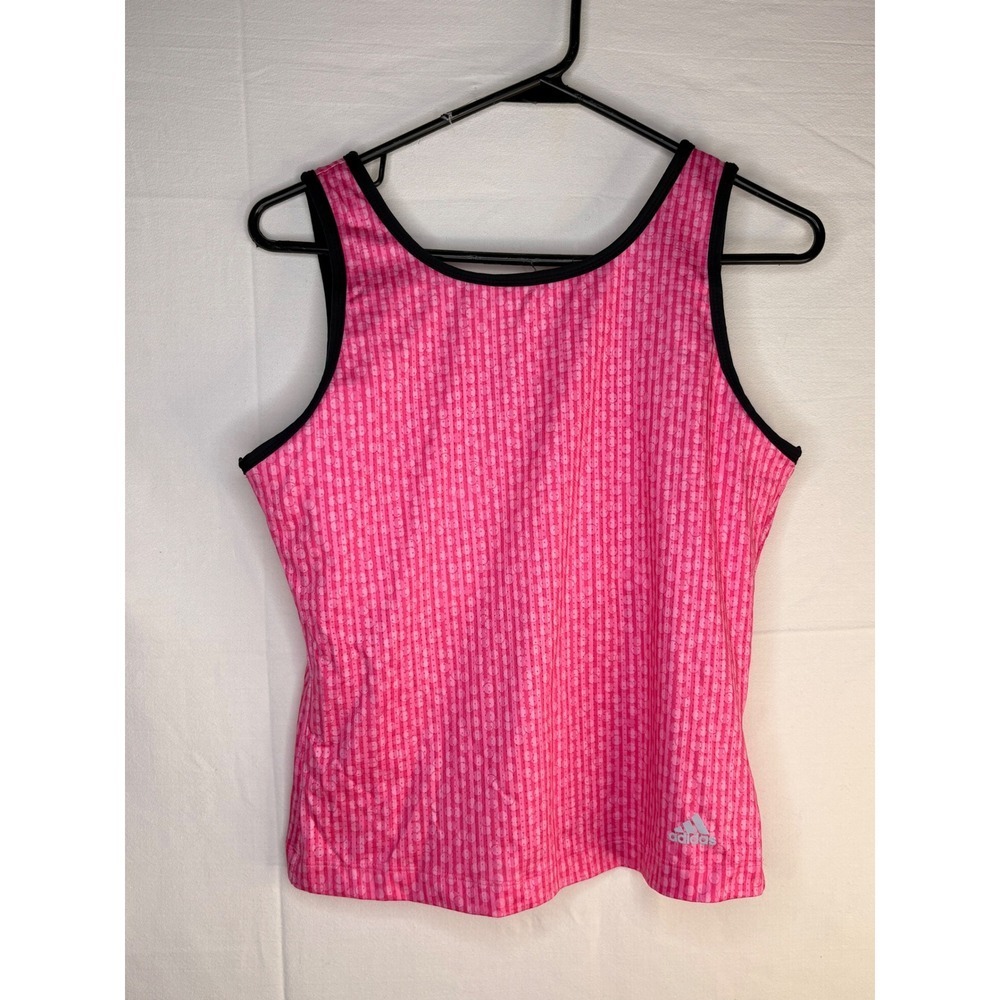 Adidas Womens Pink Polka Dot Striped Athletic Tank Top Size Large Black Trim